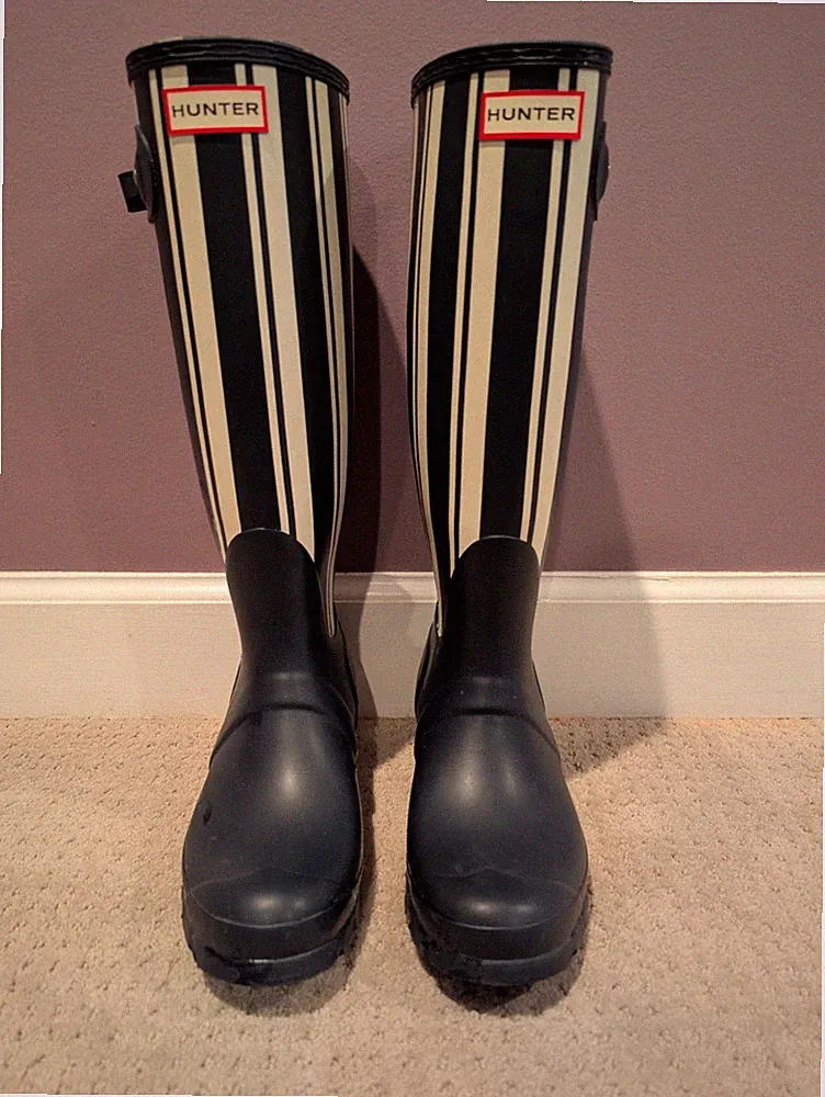 Hunter Womens Blue and White Striped Rubber Rain Boots Original Tall Size 7